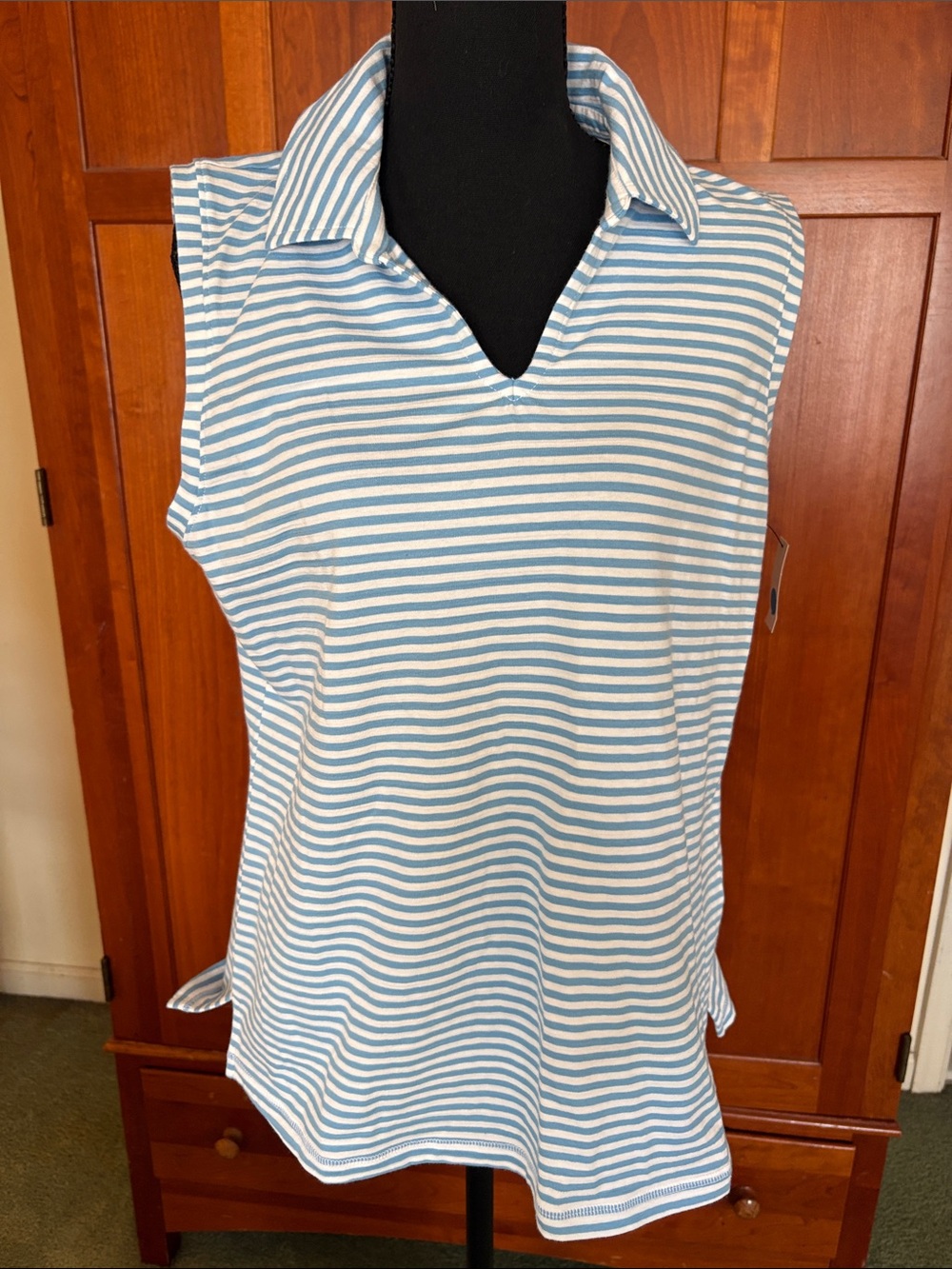 Talbots Striped Sleeveless Polo Tank - Light Blue & White